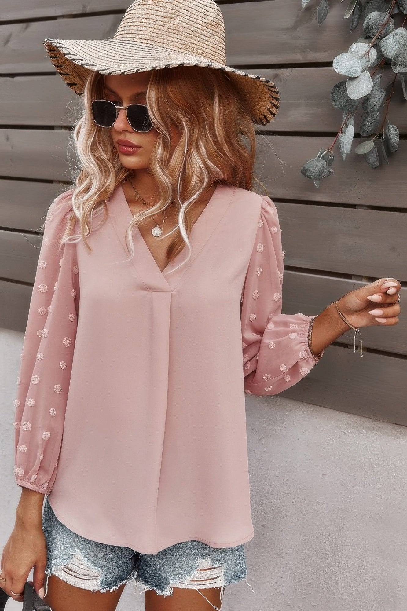 Solid V Neck Lantern Sleeve Swiss Dot Shirt