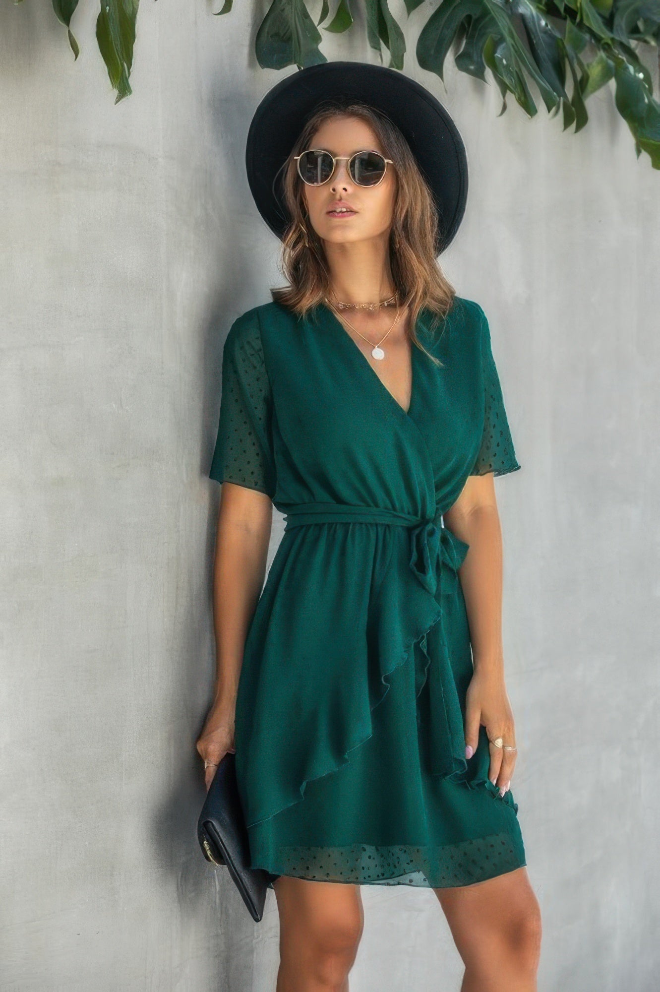 V Neck Ruffled Hem Wrap Dress