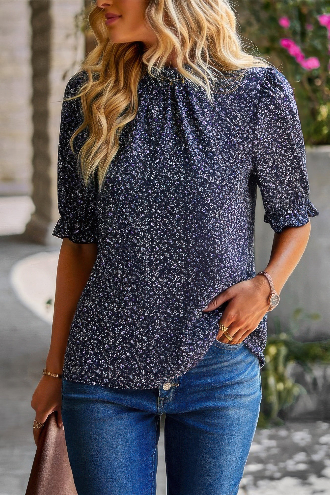 Floral Ruffle Mock Neck Puff Short Sleeve Shirt
