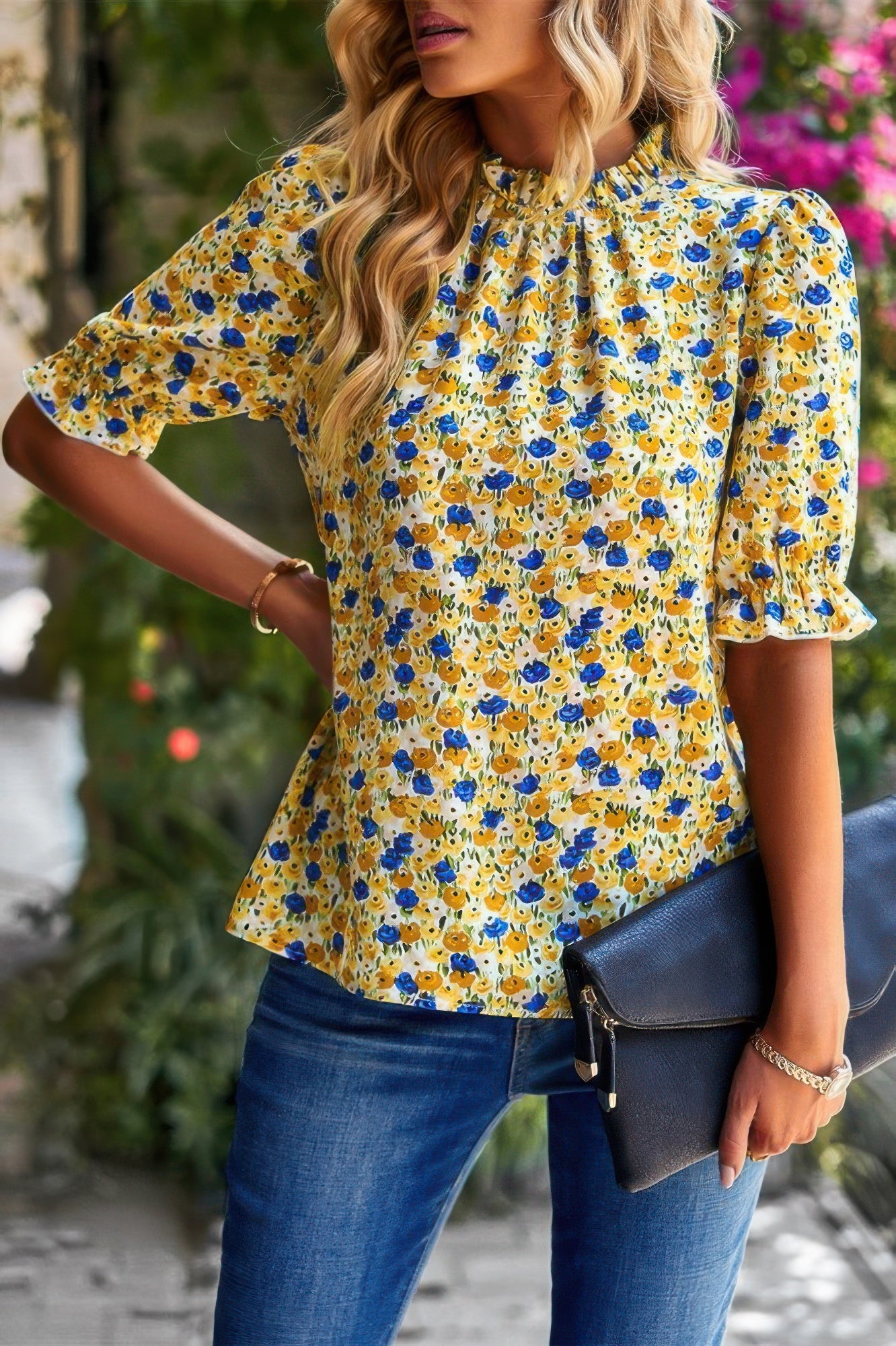 Floral Ruffle Mock Neck Puff Short Sleeve Shirt