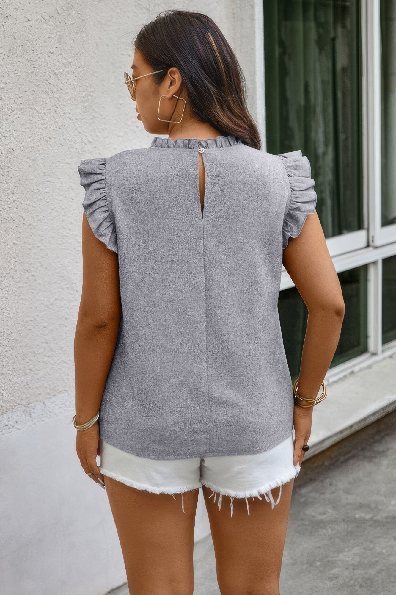 Plus Solid Color Ruffled Collar Cap Sleeve Shirt