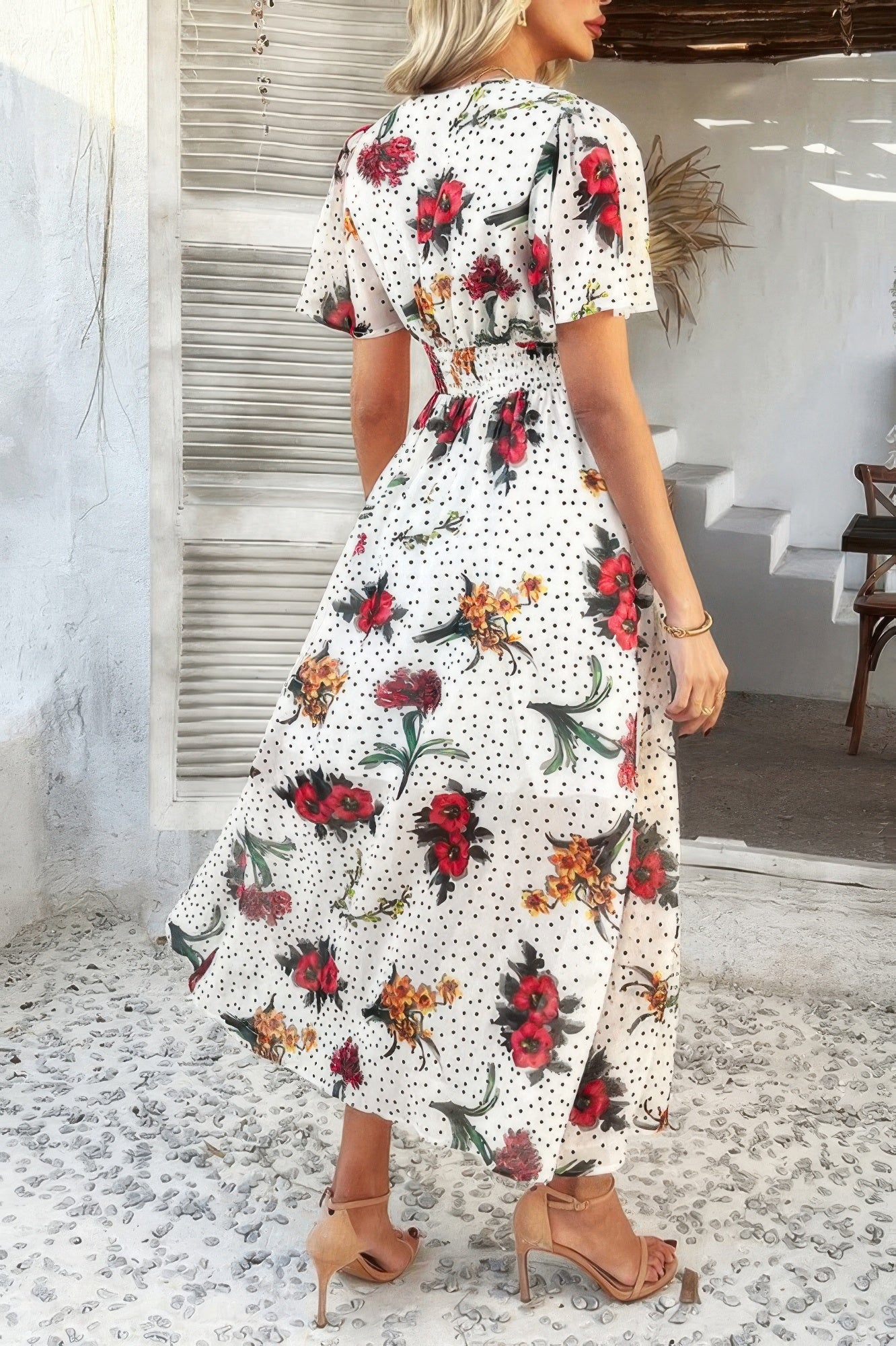 Floral V Neck Short Sleeve Tied Wrap Dress