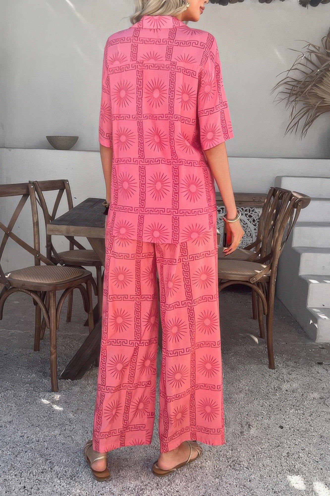 Two Pieces All Over Print Button Down Long Sets