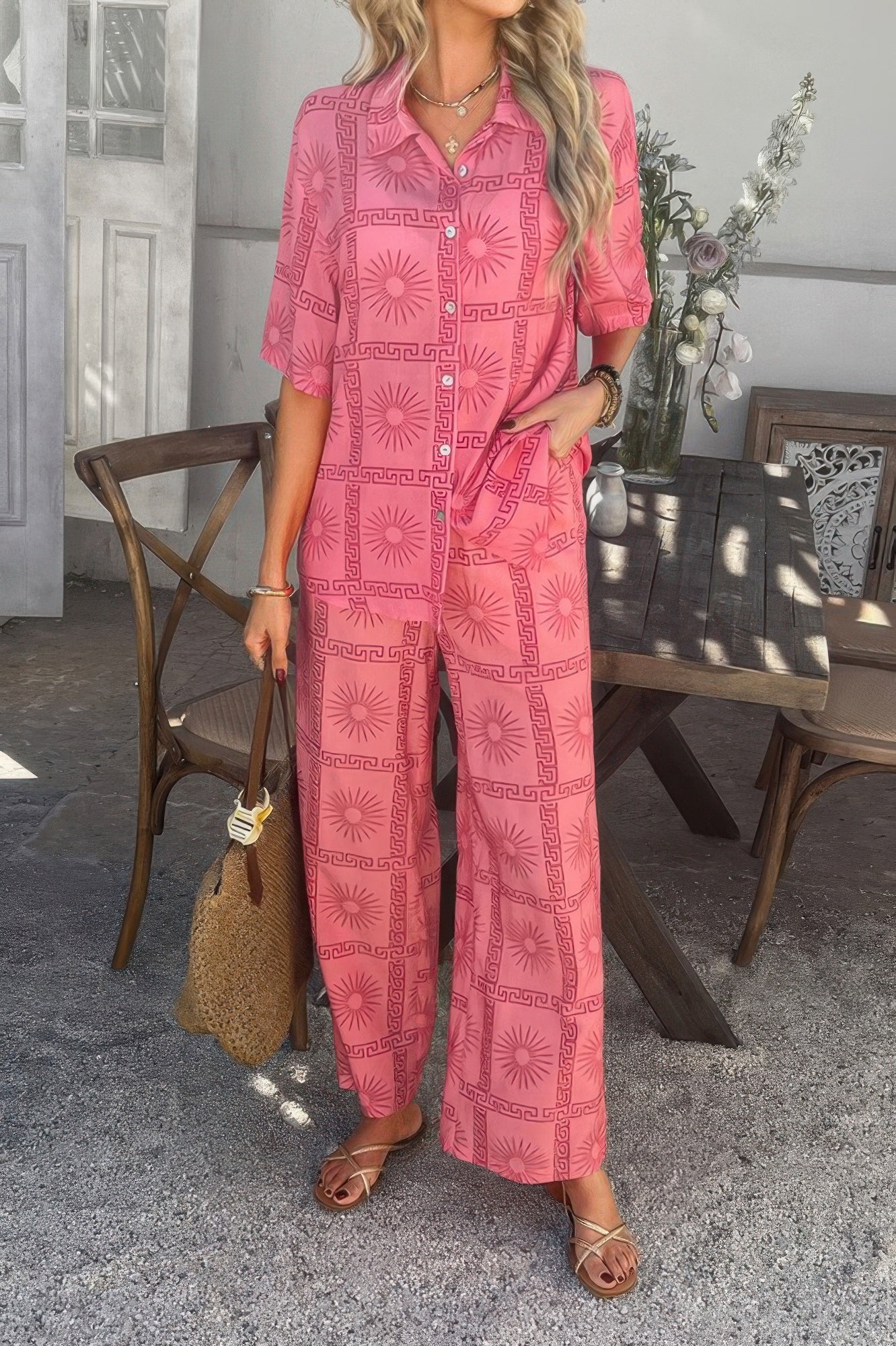 Two Pieces All Over Print Button Down Long Sets