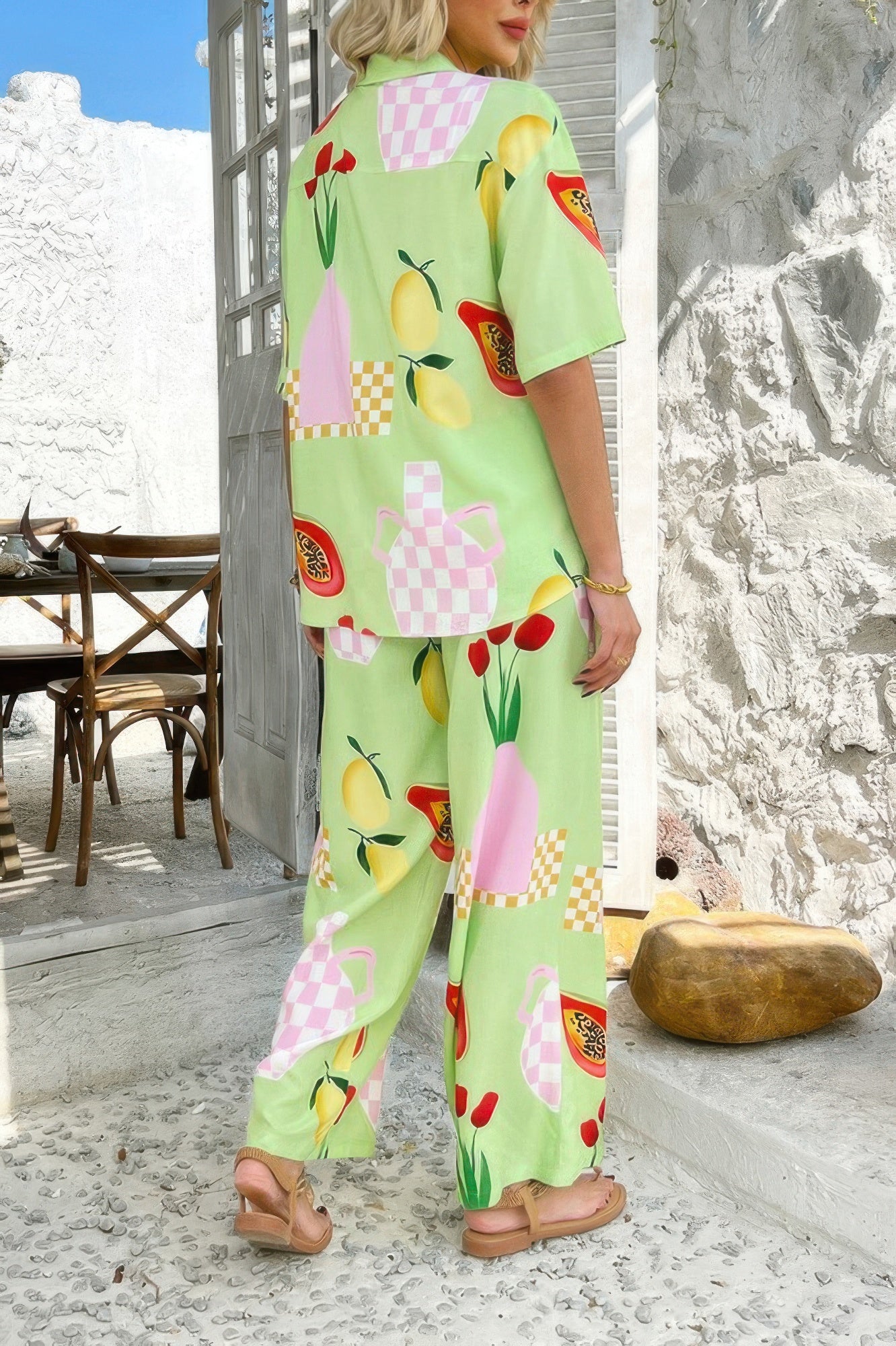 Two Pieces All Over Print Button Down Long Sets