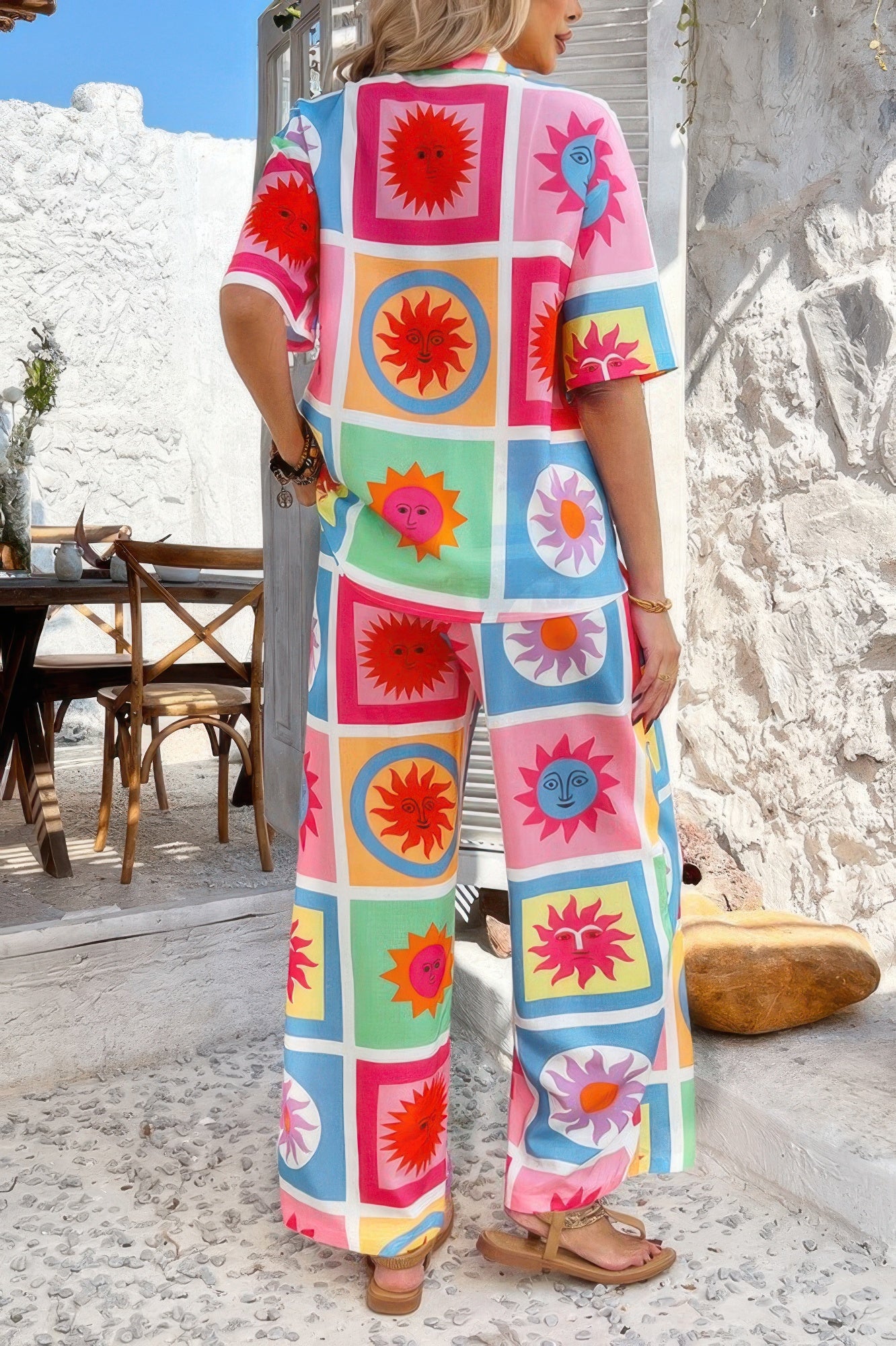 Two Pieces All Over Print Button Down Long Sets