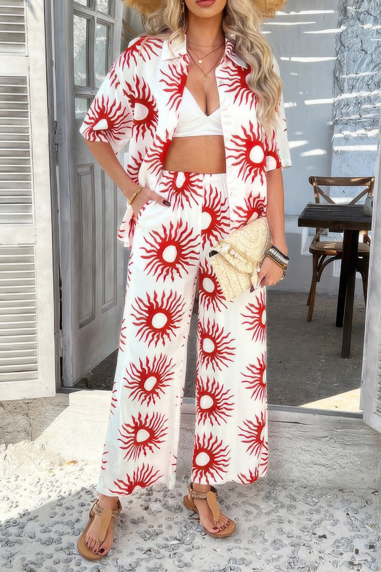 Two Pieces All Over Print Button Down Long Sets