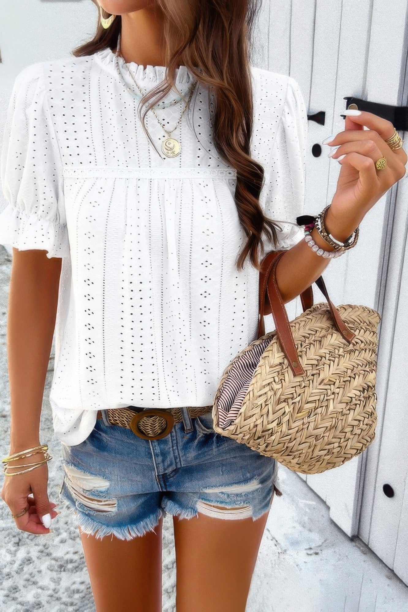 Round Neck Embroidery Ruffle Sleeve Loose Fit Shirt