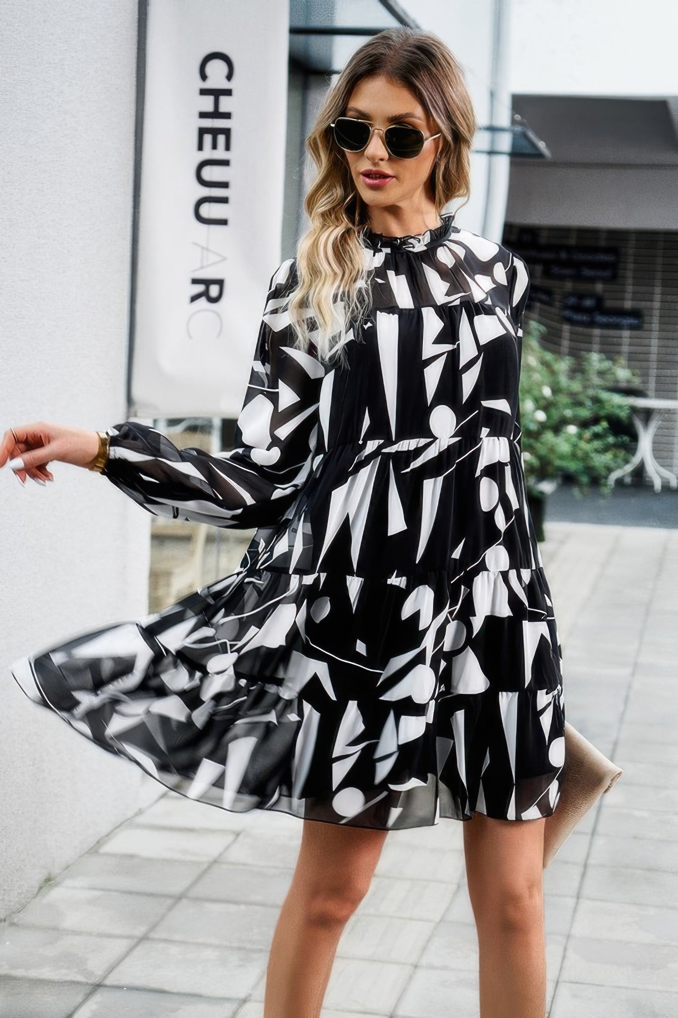 Color Block Hem Ruffle Printing Loose Fit Midi Dress