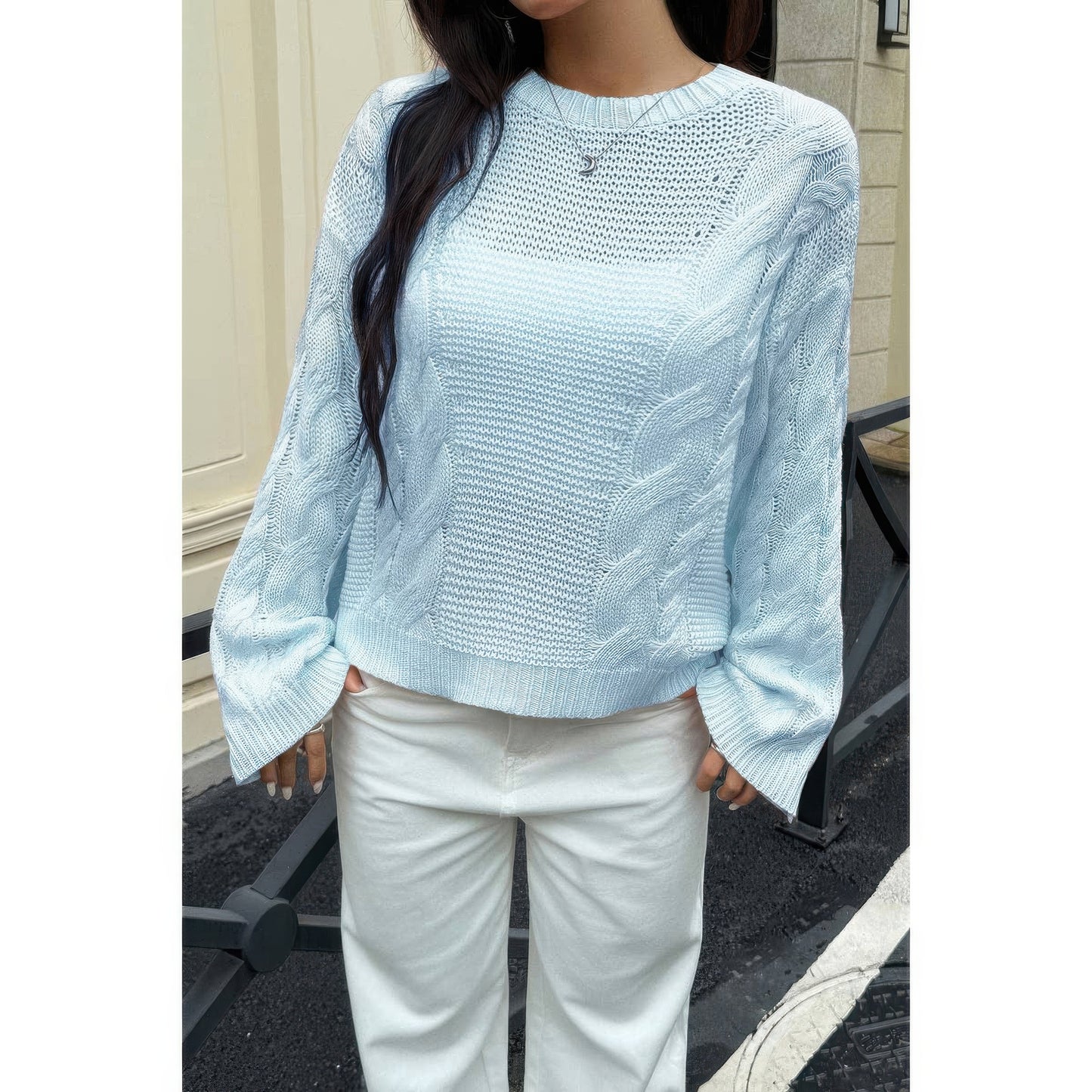 Solid Round Neck Cable Knit Pullover Sweater