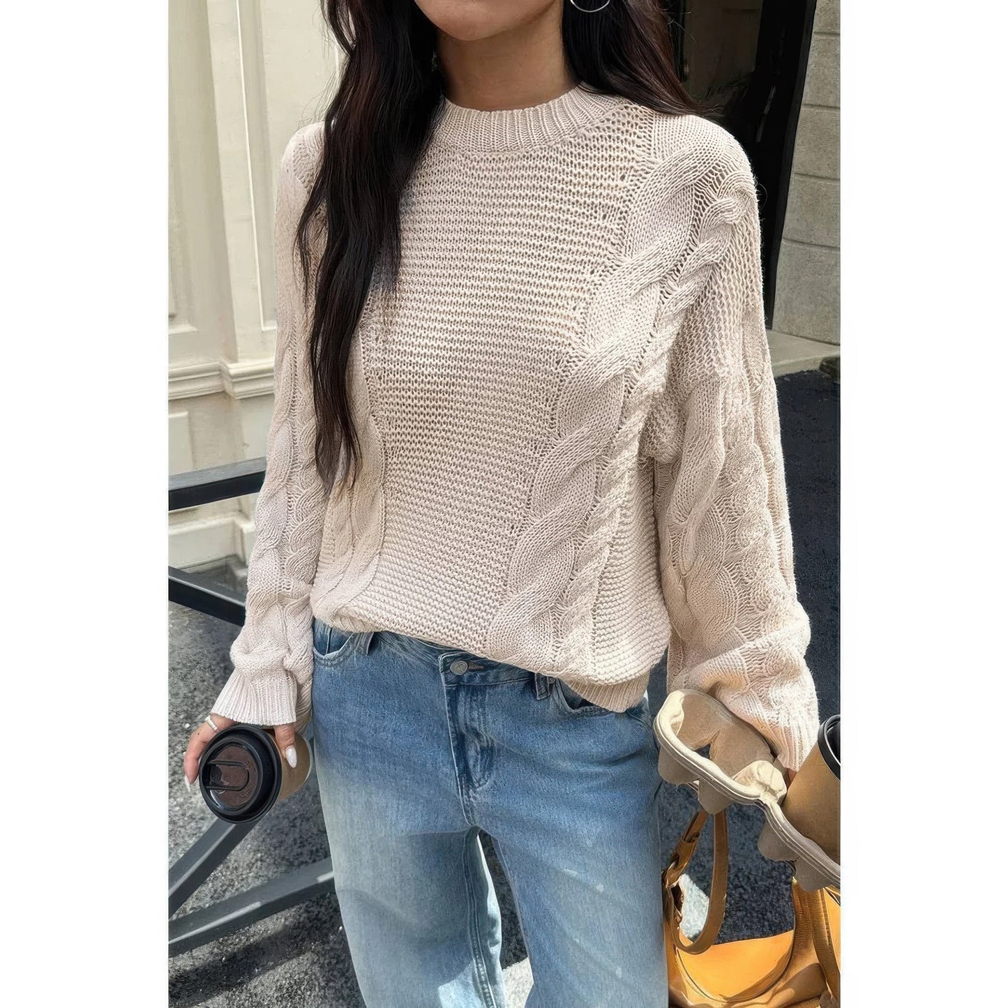 Solid Round Neck Cable Knit Pullover Sweater
